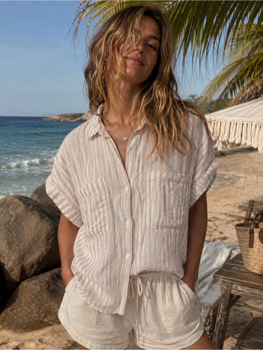 Women’s Rails Cream Striped Linen-Blend Button Shirt